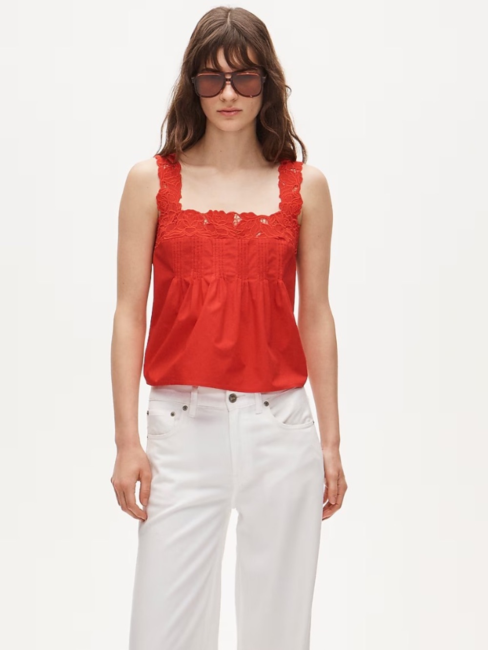 J crew passion rouge Lace-trim tank top in compact poplin
